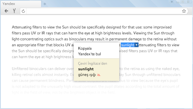 Yeni Yandex.Browser'da siteleri kendi dilinize �evirin