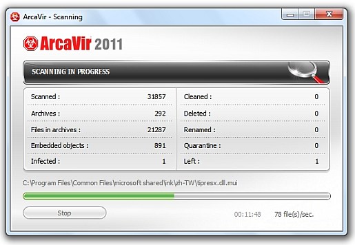 ArcaVir 2011 scanning