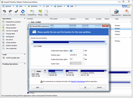 EaseUS Partition Master: Resize Partition