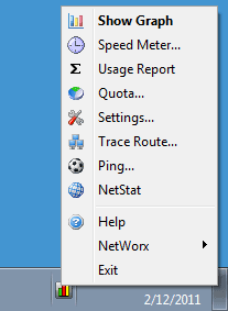 The NetWorx popup menu