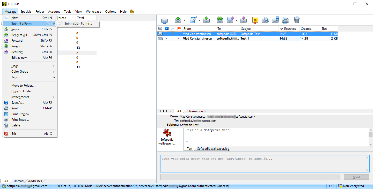 The Bat! Professional Edition screenshot 2 - The Message menu will provide users with basic functions as well as Park / Unpark or Attachments options