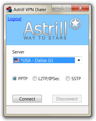 Astrill VPN Dialer connected screen
